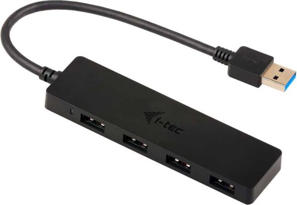 Schwarzer USB-Hub von i-tec mit vier Anschlüssen und USB 3.0 Kabel.