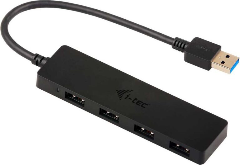 Schwarzer USB-Hub von i-tec mit vier Anschlüssen und USB 3.0 Kabel. Schwarzer USB-Hub von i-tec mit vier Anschlüssen und USB 3.0 Kabel.