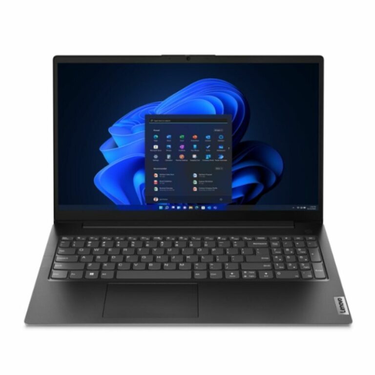 Schwarzer Laptop mit geöffnetem Windows-Betriebssystem auf blauem Hintergrund. Schwarzer Laptop mit geöffnetem Windows-Betriebssystem auf blauem Hintergrund.