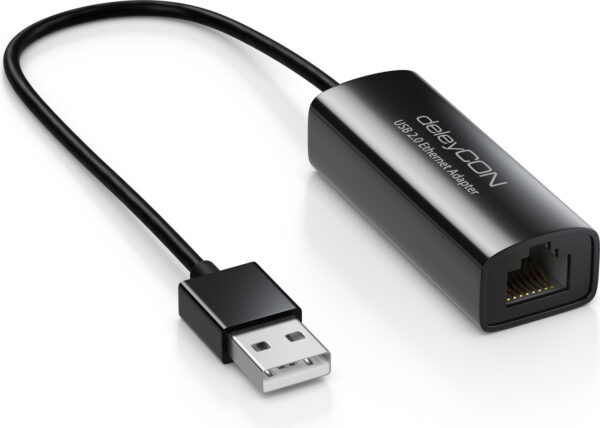 Schwarzer USB-zu-Ethernet-Adapter mit Kabel und USB-Stecker.