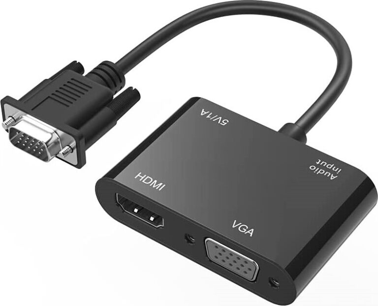 Schwarzer Adapter mit VGA-Stecker und HDMI-Anschluss auf weißem Hintergrund. Schwarzer Adapter mit VGA-Stecker und HDMI-Anschluss auf weißem Hintergrund.