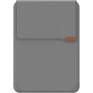 Graue Laptoptasche aus Kunstleder mit braunem Logo-Etikett.