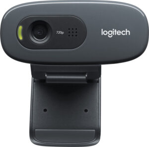 Schwarze Logitech-Webcam mit 720p-Auflösung und Befestigungsclip.