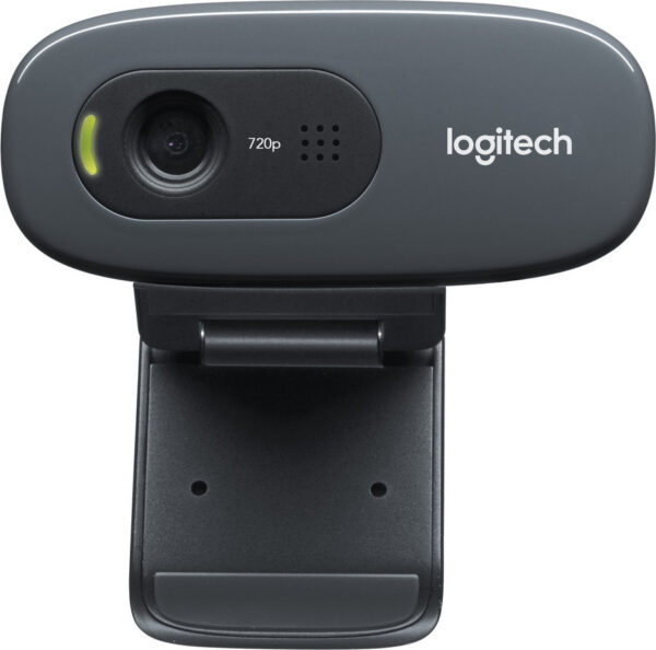 Schwarze Logitech-Webcam mit 720p-Auflösung und Befestigungsclip.