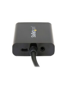 Schwarzer Adapter mit USB-C-Anschluss und Audiobuchse, auf einem weißen Hintergrund.