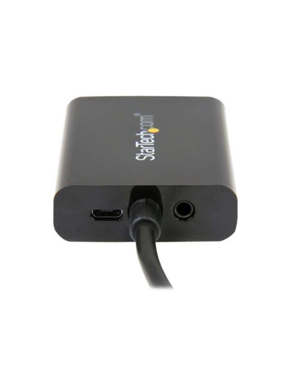 Schwarzer Adapter mit USB-C-Anschluss und Audiobuchse, auf einem weißen Hintergrund.