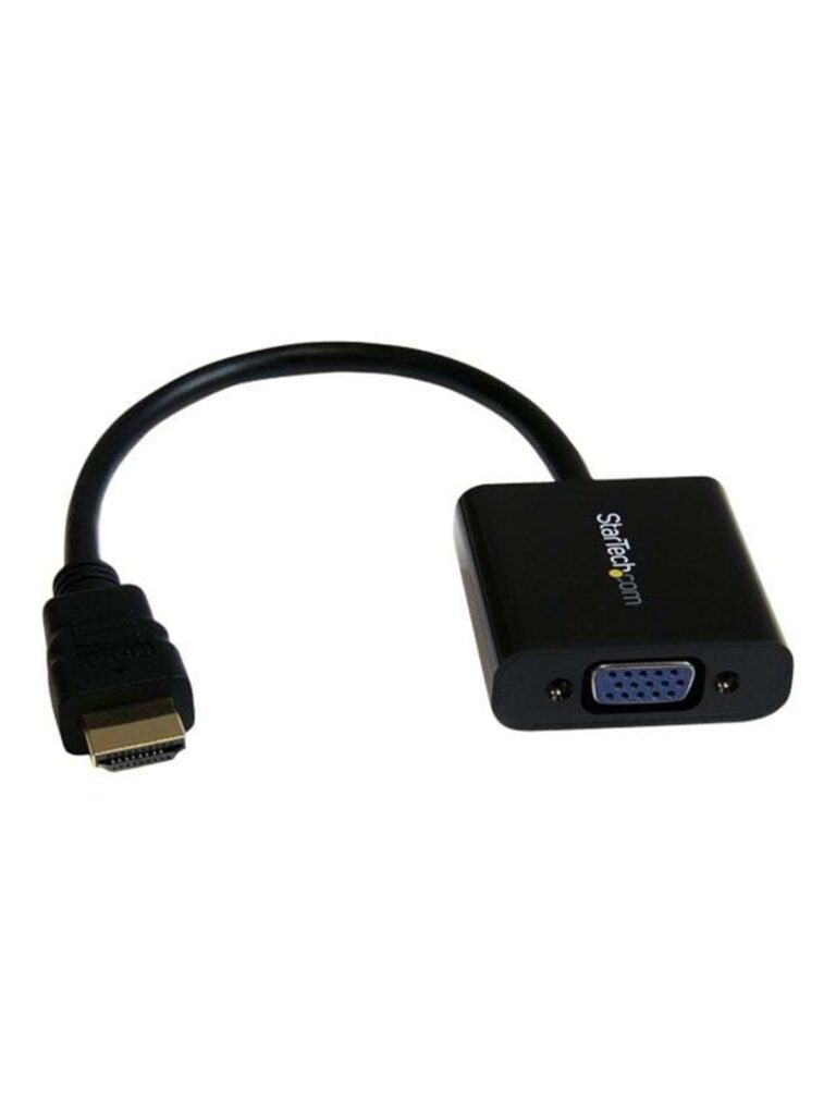 HDMI-zu-VGA-Adapter mit schwarzem Kabel und Steckverbindern auf weißem Hintergrund. HDMI-zu-VGA-Adapter mit schwarzem Kabel und Steckverbindern auf weißem Hintergrund.