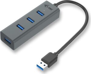 USB-Hub mit vier Anschlüssen und schwarzem Kabel, graues Gehäuse