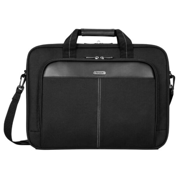 Schwarze Laptoptasche mit Reißverschluss, Schulterriemen und Tragegriff.