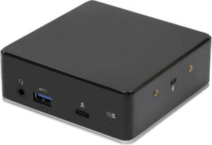 Ein schwarzer, rechteckiger Mini-PC mit mehreren Anschlüssen und Tasten.