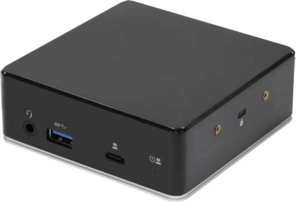 Ein schwarzer, rechteckiger Mini-PC mit mehreren Anschlüssen und Tasten.