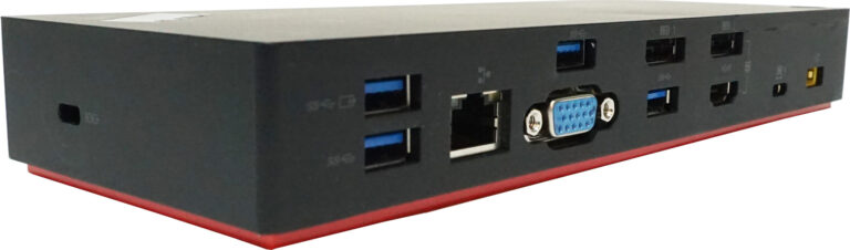 Schwarze Anschlussstation mit verschiedenen Anschlüssen, einschließlich USB, HDMI und Ethernet. Schwarze Anschlussstation mit verschiedenen Anschlüssen, einschließlich USB, HDMI und Ethernet.