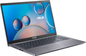 Grauer Laptop mit ASUS-Logo und buntem Hintergrund auf dem Bildschirm.