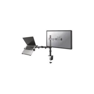 Monitorhalterung mit Laptopständer befestigt an einem Schreibtisch.