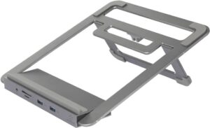Faltbarer Aluminium-Laptopständer mit USB-Anschlüssen und ergonomischer Bauweise.