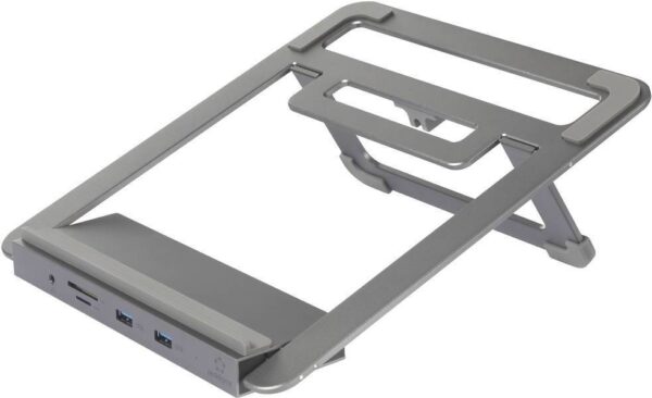 Faltbarer Aluminium-Laptopständer mit USB-Anschlüssen und ergonomischer Bauweise.