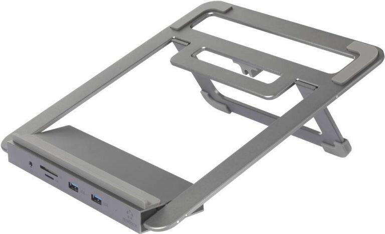 Faltbarer Aluminium-Laptopständer mit USB-Anschlüssen und ergonomischer Bauweise. Faltbarer Aluminium-Laptopständer mit USB-Anschlüssen und ergonomischer Bauweise.