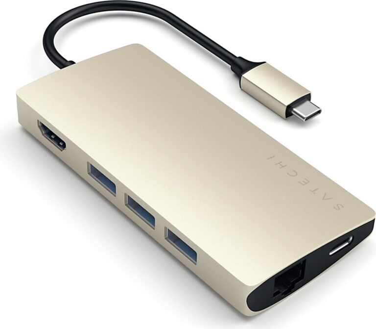 USB-C-Hub mit HDMI, USB-Anschlüssen und Ethernet-Port in Metallic-Finish. USB-C-Hub mit HDMI, USB-Anschlüssen und Ethernet-Port in Metallic-Finish.