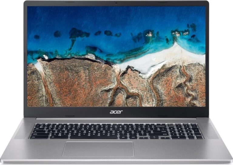 Acer Laptop mit großem Bildschirm, Laptop-Display zeigt Küstenlinie. Acer Laptop mit großem Bildschirm, Laptop-Display zeigt Küstenlinie.