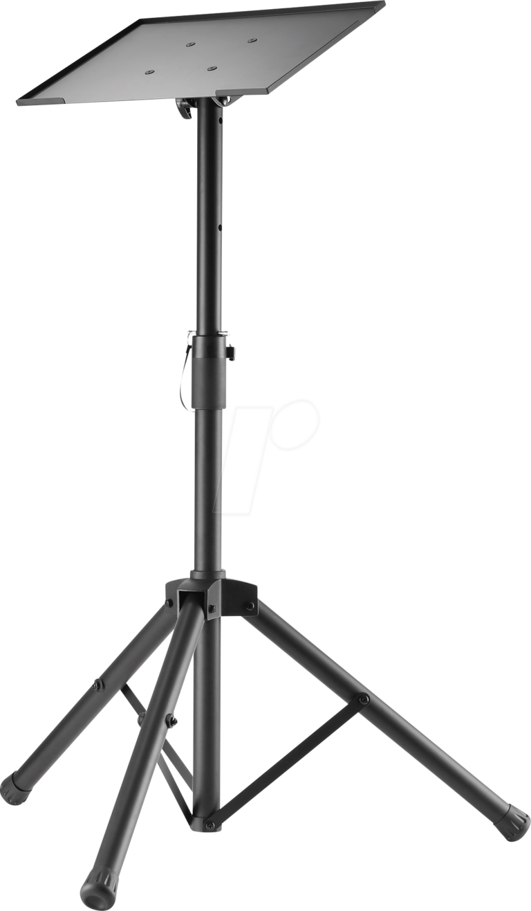 Verstellbarer schwarzer Notenständer mit Dreibein für Bühne oder Präsentationen. Verstellbarer schwarzer Notenständer mit Dreibein für Bühne oder Präsentationen.