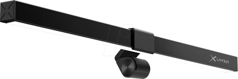 Schwarze längliche Monitorleuchte mit XLayer-Logo, augenscheinlich für Bildschirmmontage. Schwarze längliche Monitorleuchte mit XLayer-Logo, augenscheinlich für Bildschirmmontage.