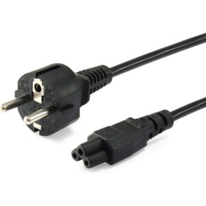 Schwarzes Netzkabel mit Eurostecker und Kaltgerätebuchse auf weißem Hintergrund.