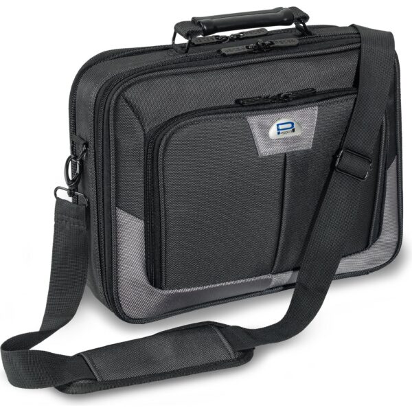 Schwarze Laptoptasche mit Schulterriemen vor weißem Hintergrund.