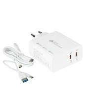 Weißer USB-Wandadapter mit zwei Anschlüssen und einem USB-Kabel.