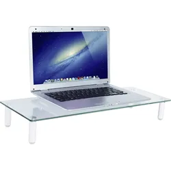 Laptop auf transparentem Glasständer mit schwarzer Tastatur auf weißem Hintergrund.