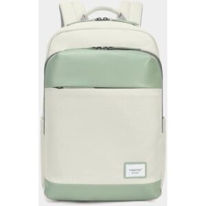 Zweifarbiger Rucksack in Pastelltönen mit mehreren Reißverschlussfächern.