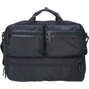 Schwarze Laptoptasche mit mehreren Reißverschlüssen und Griffen, frontal abgebildet.