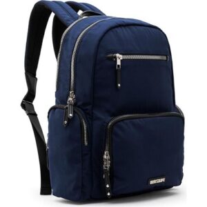 Blauer Rucksack aus Nylon mit mehreren Reißverschlussfächern und schwarzen Schulterriemen.