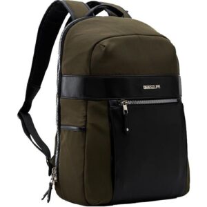 Dunkelgrüner Rucksack mit schwarzen Lederdetails und Reißverschluss.