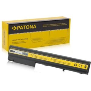 Lithium-Ionen-Laptopbatterie von Patona neben einer gelben Verpackung.