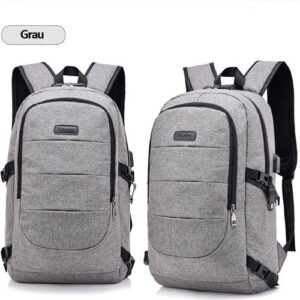 Zwei graue Rucksäcke mit mehreren Taschen und Reißverschlüssen.