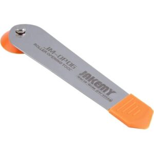 Metallisches Öffnungswerkzeug mit orangenen Griffen aus Kunststoff.