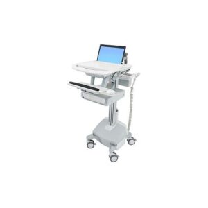 Medizinischer Rollwagen mit Laptop-Halter und mehreren Ablagen.