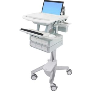 Medizinischer Computertisch mit Laptop und Tastatur auf Rollen.