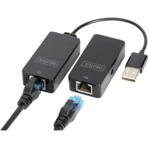 Zwei schwarze Netzwerkadapter mit Ethernet- und USB-Anschlüssen auf weißem Hintergrund.