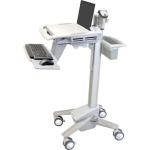 Mobil einsetzbarer Rollwagen mit Laptop, Tastatur und integrierter Halterung.