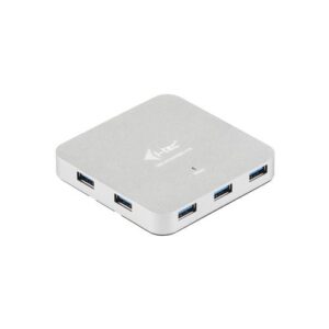 Aluminium-USB-Hub mit vier Ports und Markenlogo auf der Oberseite.