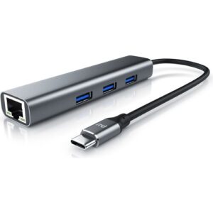 USB-C-Adapter mit Ethernet und USB-Anschlüssen auf weißem Hintergrund.