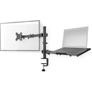 Schreibtischhalterung für Monitor und Laptop mit verstellbaren Armen und Klemmbefestigung sichtbar.
