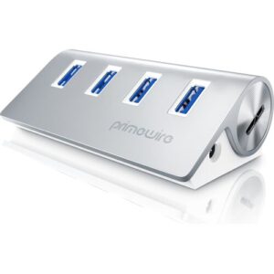 USB-Hub aus Aluminium mit vier blauen USB-Ports.