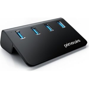 Schwarzer USB-Hub mit vier blauen USB-Anschlüssen.