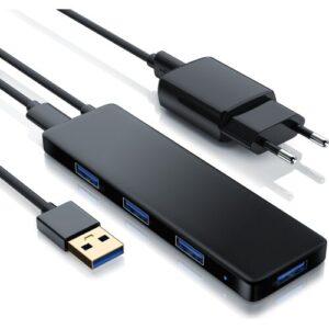 Schwarzer USB-Hub mit mehreren Anschlüssen und einem Ladegerät.