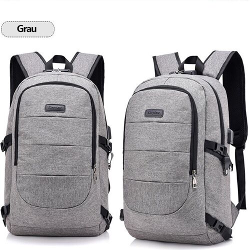 Zwei graue Rucksäcke mit mehreren Taschen und Reißverschlüssen. Zwei graue Rucksäcke mit mehreren Taschen und Reißverschlüssen.