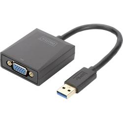 USB-zu-VGA-Adapterkabel mit schwarzer Ummantelung und blauen Anschlüssen.